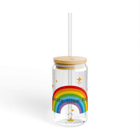 Rainbow Sipper Glass with Inspirational Quotes | 16oz Hydration Jar for Kids, Party Favors, Gifts, Eco-Friendly Drinkware